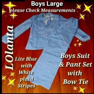 Boys Light Blue Suit/White Plaid Pin Stripes Pant Set -L,See Photos For Sizing